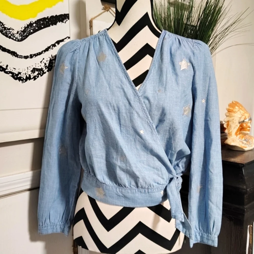 NWT J. Crew Denim Blue Chambray Wrap Blouse Indigo Star Print Women's XS NEW!
